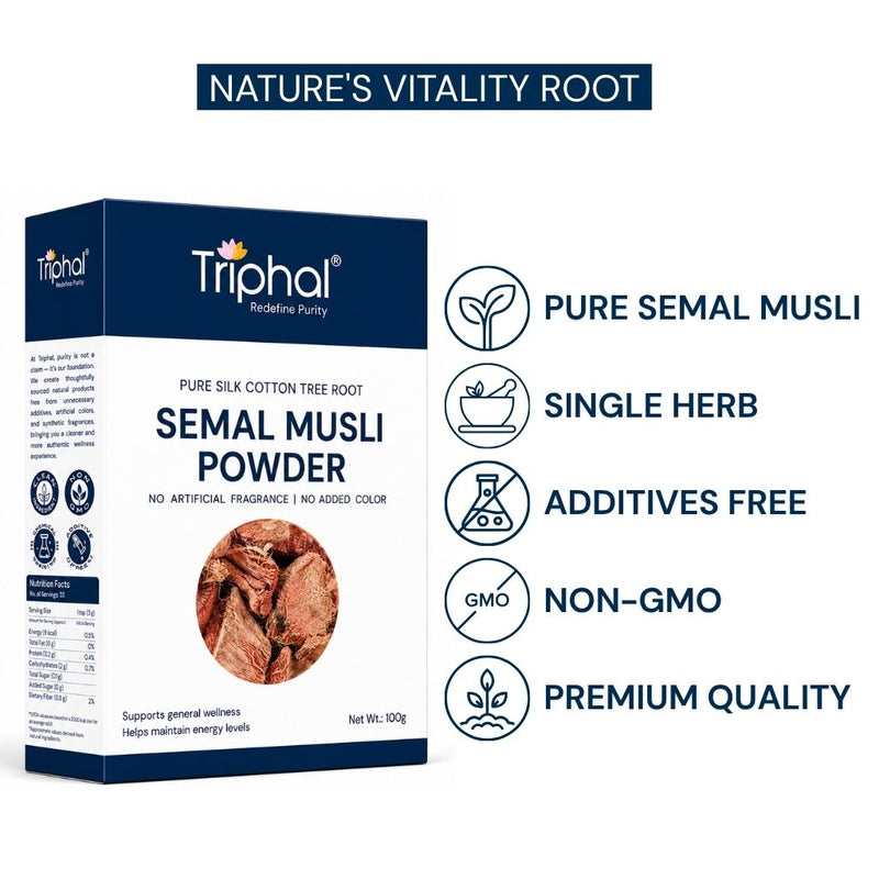 Triphal Semal Musli Powder — pure single-herb Semal Musli, additives free, non-GMO and premium quality