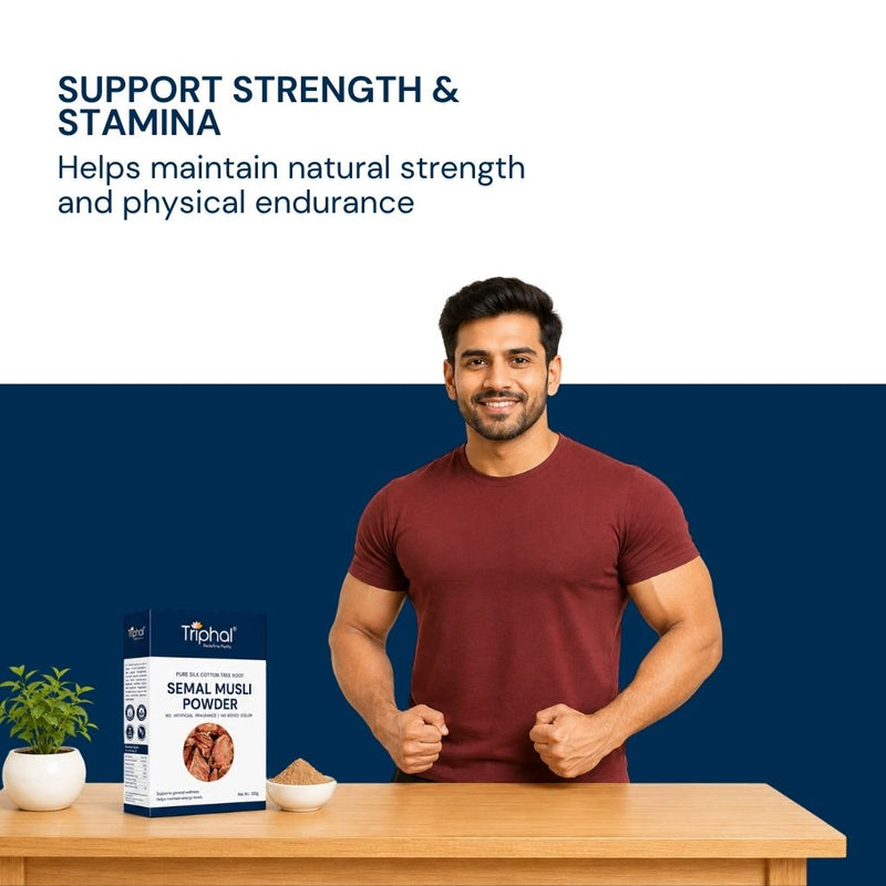 Triphal Semal Musli for men's natural strength, stamina, and vitality daily
