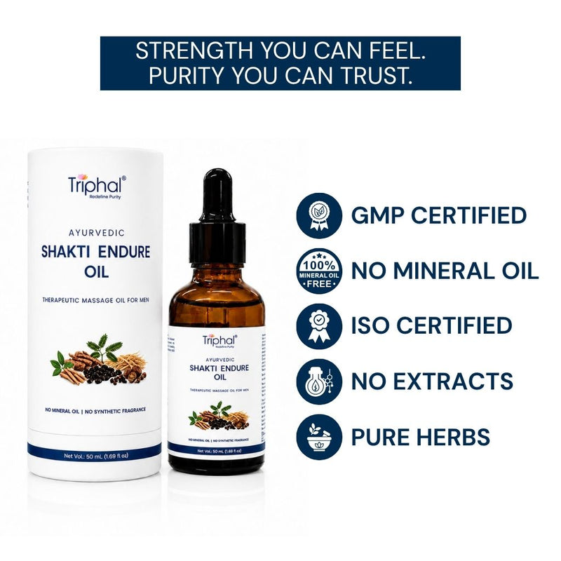 Triphal Shakti Endure Oil with GMP and ISO certified quality, crafted using traditional Ayurvedic herbs