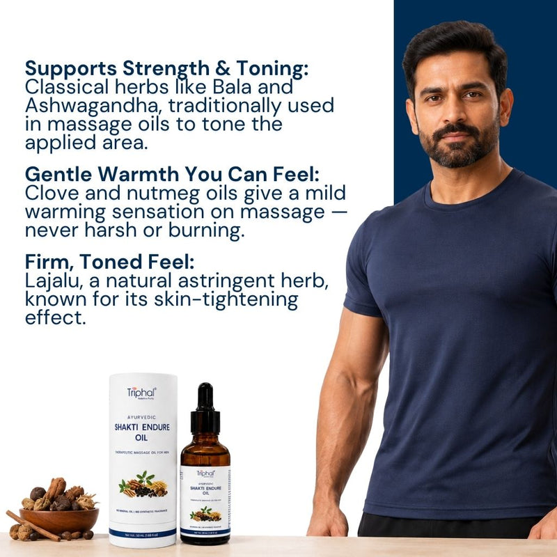 Triphal Shakti Endure Oil for Ayurvedic men's massage, herbal care, and everyday wellness support