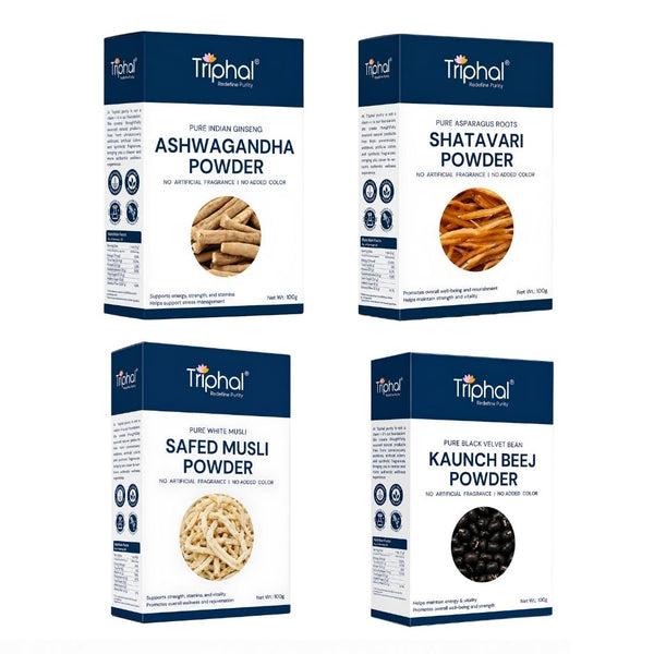 Triphal Shakti Plus Combo — Ashwagandha, Shatavari, Safed Musli and Kaunch Beej pure Ayurvedic powders for daily wellness