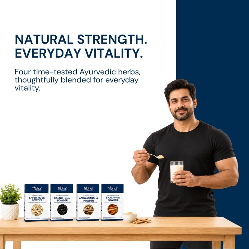 Triphal Shakti Plus Combo — four Ayurvedic herbs blended for natural strength, stamina and everyday vitality