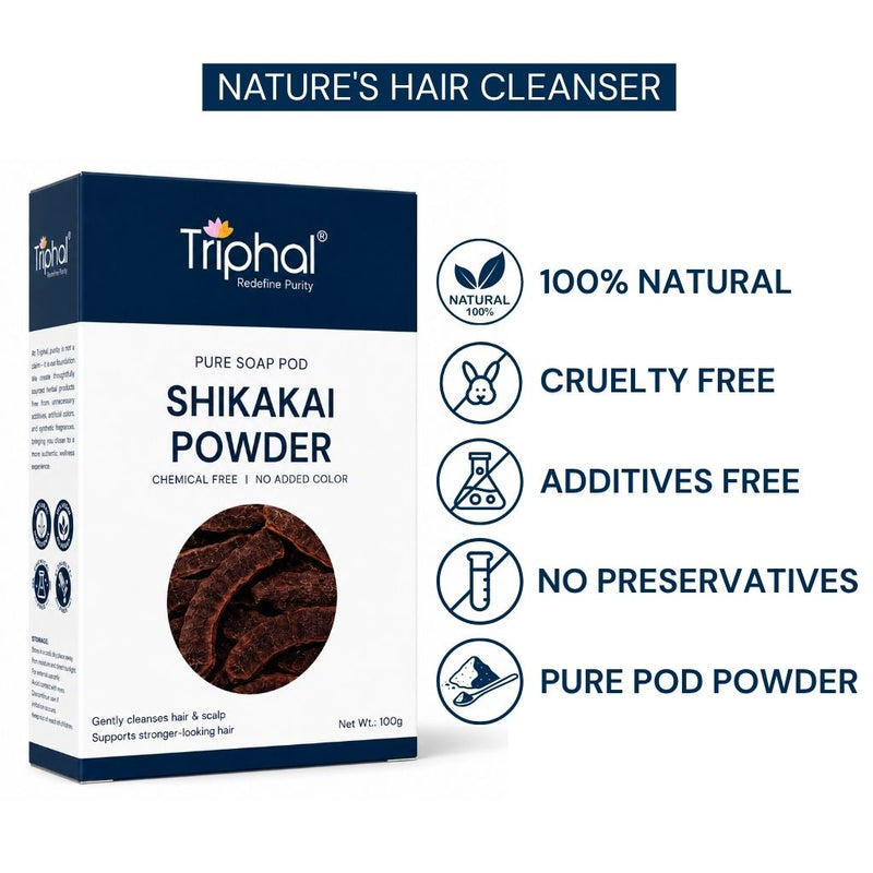 Triphal Shikakai Powder — no additives, no preservatives, no artificial colours, 100% pure Acacia concinna