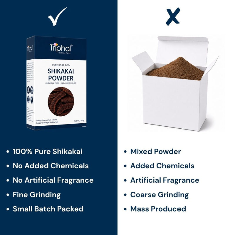 Triphal Shikakai Powder vs ordinary brands — pure Acacia concinna, no fillers, no chemicals, zero adulteration