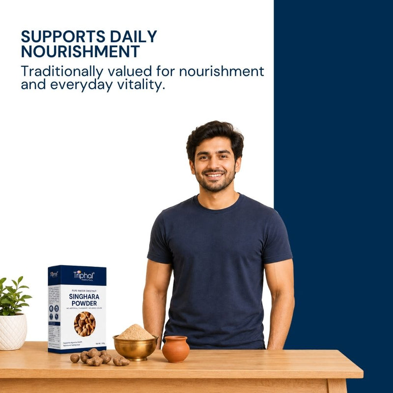 Triphal Singhara Powder rich in carbohydrates, potassium, and minerals for daily nutrition