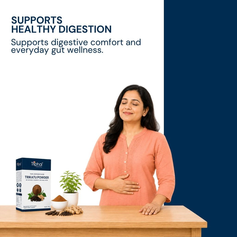 Triphal Trikatu Powder for natural digestion support, appetite boost, and gut wellness daily