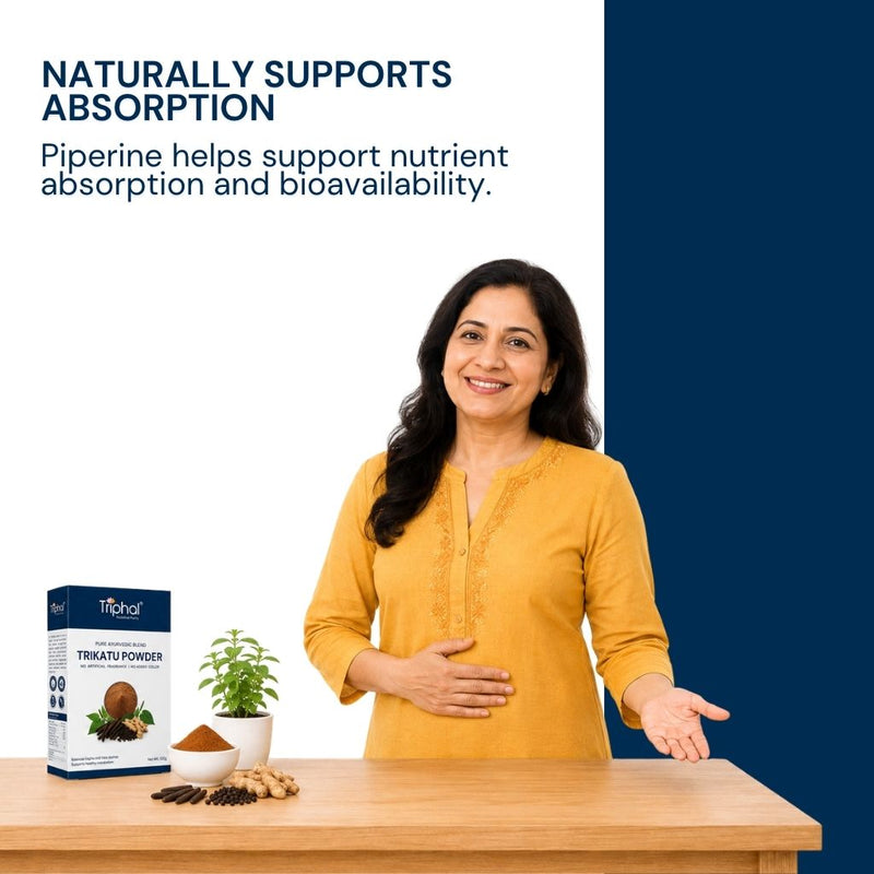 Triphal Trikatu Powder — natural piperine rich blend enhancing nutrient absorption daily