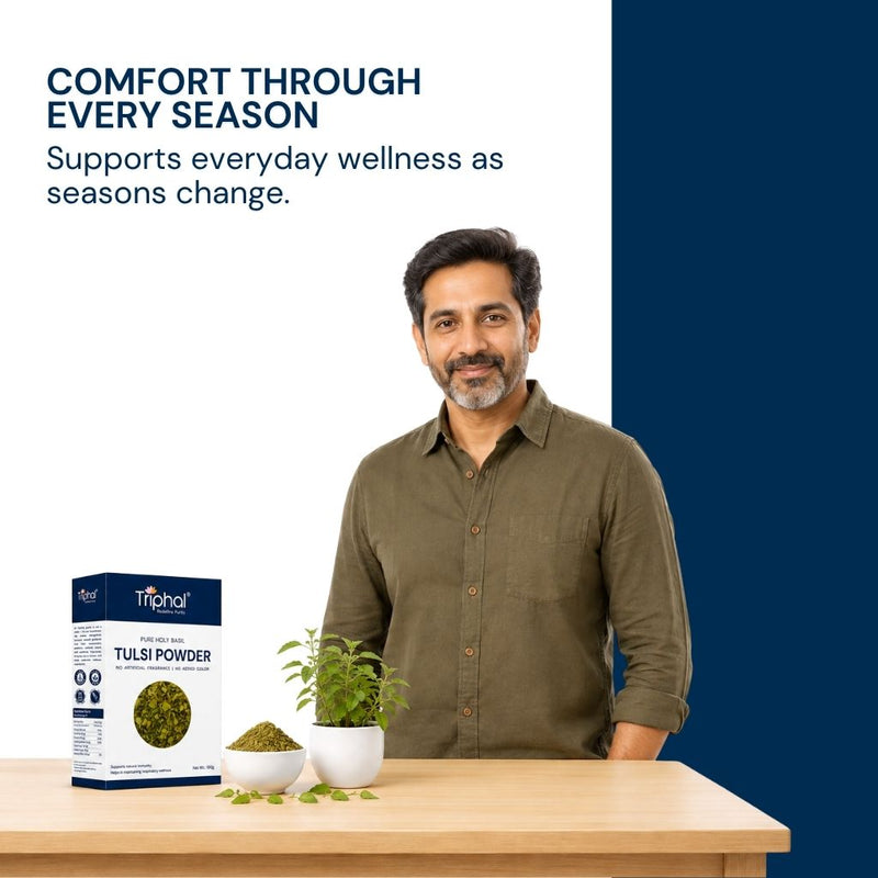 Triphal Tulsi Powder for natural cough relief, cold season support, and throat wellness