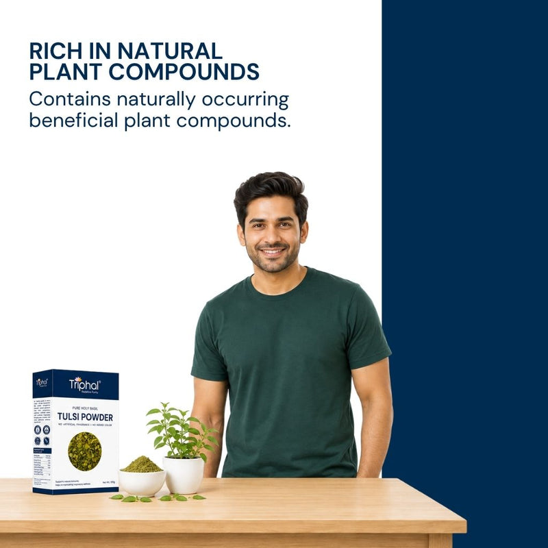 Triphal Tulsi Powder rich in antioxidants and beneficial plant compounds for natural immunity and wellness