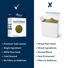 Triphal Tulsi Powder vs ordinary brands — pure Ocimum sanctum leaves, Cold Ground, no chemicals, zero adulteration