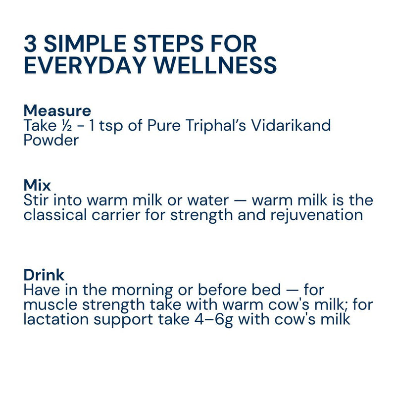 Triphal Vidarikand Powder — half to one tsp in warm milk, morning or before bed
