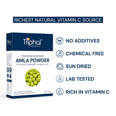 Triphal Amla Powder organic and non-GMO certification badges on amla powder packaging