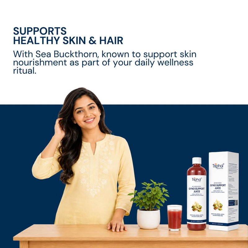 A woman in a pale yellow embroidered kurta stands behind a table displaying a bottle and box of Triphal Gyno Support Juice 1 L alongside a small plant and a glass of red juice. The top half features promotional text about Sea Buckthorn.