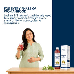 A woman in a light green top holds a glass of red juice beside a bottle and box of Tripol Gyno Support Juice on a table, with promotional text on a white and navy background.