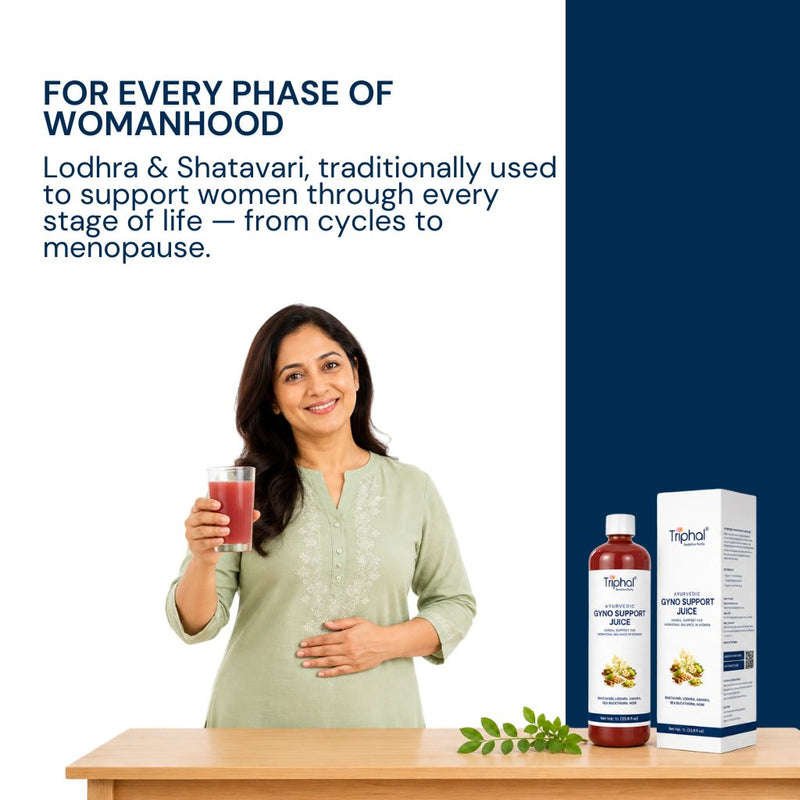 A woman in a light green top holds a glass of red juice beside a bottle and box of Tripol Gyno Support Juice on a table, with promotional text on a white and navy background.