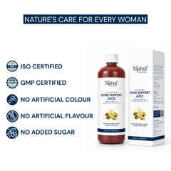 Triphal Ayurvedic Gyno Support Juice in a brown bottle next to its white and navy blue packaging box, set against a white background with several blue text and certification badges on the left.