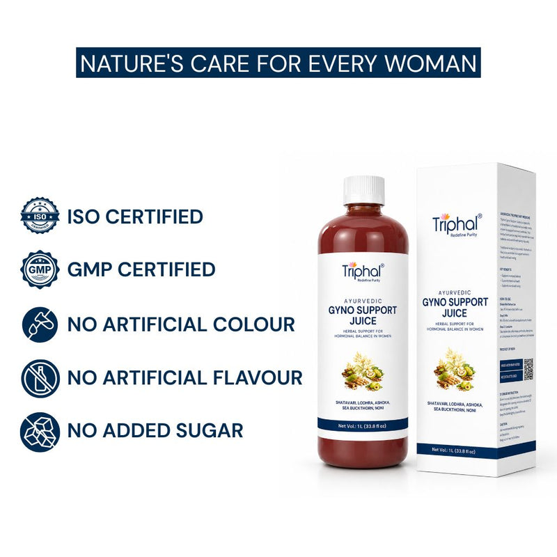 Triphal Ayurvedic Gyno Support Juice in a brown bottle next to its white and navy blue packaging box, set against a white background with several blue text and certification badges on the left.