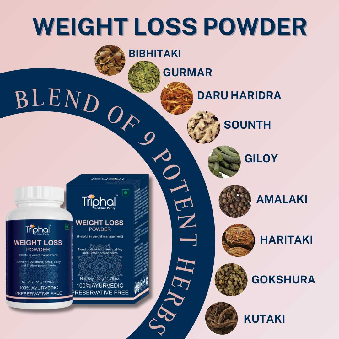 Ingredients of weight loss powder by triphal - made from pure bibhitaki, gurmar, daru haldi, sonth, giloy, amalaki, haritaki, gokshura, kutaki