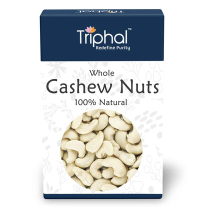 Image of Triphal's premium cashew nuts, showcasing their large size, creamy texture and golden roasted color. The packaging features the Triphal logo and branding. Perfect for snacking or adding to your favorite recipes.