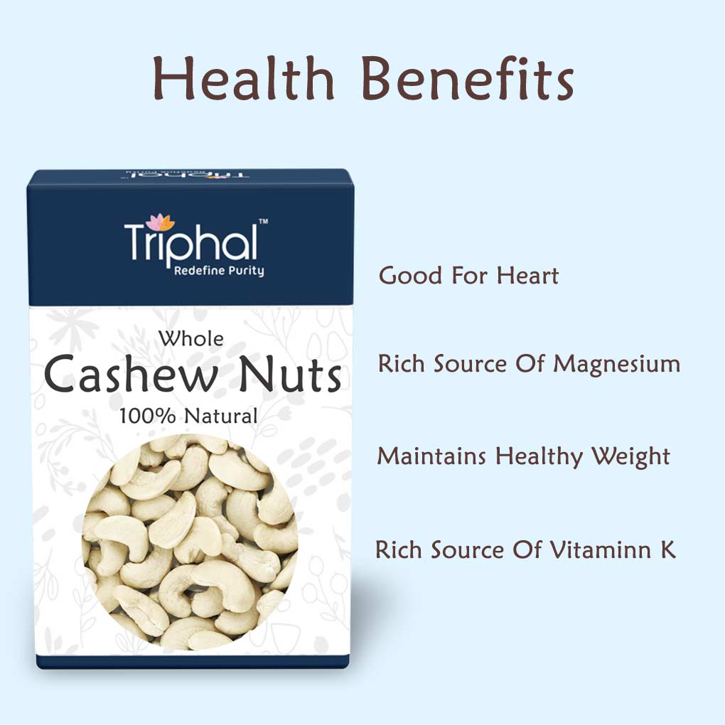 Image of Triphal's premium cashew nuts with a tagline highlighting their benefits: 'Nutritious and Delicious.' This image emphasizes the health benefits of cashews, such as being a rich source of healthy fats, protein, and minerals. Triphal's branding and logo are also visible in the image."