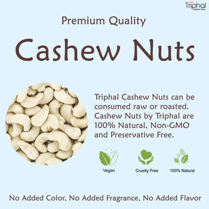 Triphal Brand Cashew Nuts or Kaju in a bowl with some details mentioned like Non GMO 100% Natural Preservative Free
