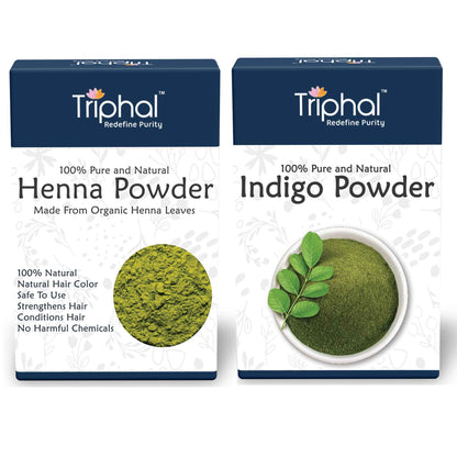 Triphal brand Henna Indigo Powder Combo Pack - Natural hair coloring solution with organic henna and indigo powders for chemical-free hair care.