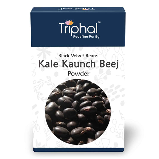 Kaunch Beej Kale Powder - A package of finely ground powder made from organic Kaunch Beej or Mucuna Pruriens seeds or Konch Beej