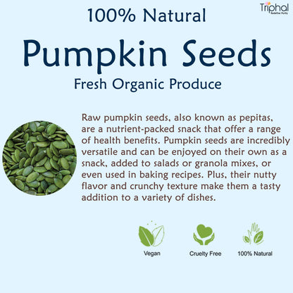 A small dish filled with raw pumpkin seeds, also known as pepitas, next to a pumpkin and some fall leaves. The image is accompanied by a short description of the nutritional value and potential benefits of pumpkin seeds.